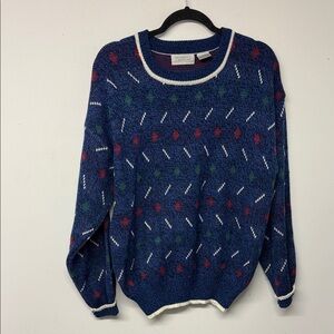 Van Heusen Blue Sweater with Red and Green Patterns 90s size Large
